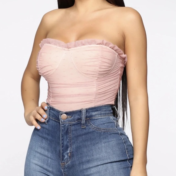 Large Pink Bodysuit for Women Ruched polka dot ruffle trim strapless Mauve Top - Picture 2 of 3